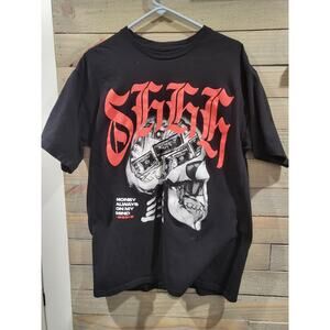 SHHH Brand "Money Is Always On My Mind" Black Skull Design LARGE T-Shirt
